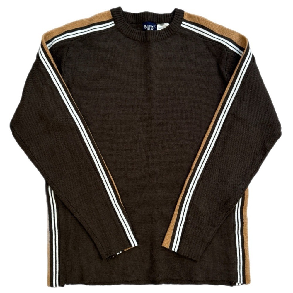Vintage 70s KP Crewneck Sweater Striped Brown Tan Tagged Mens XL -Medium Fit